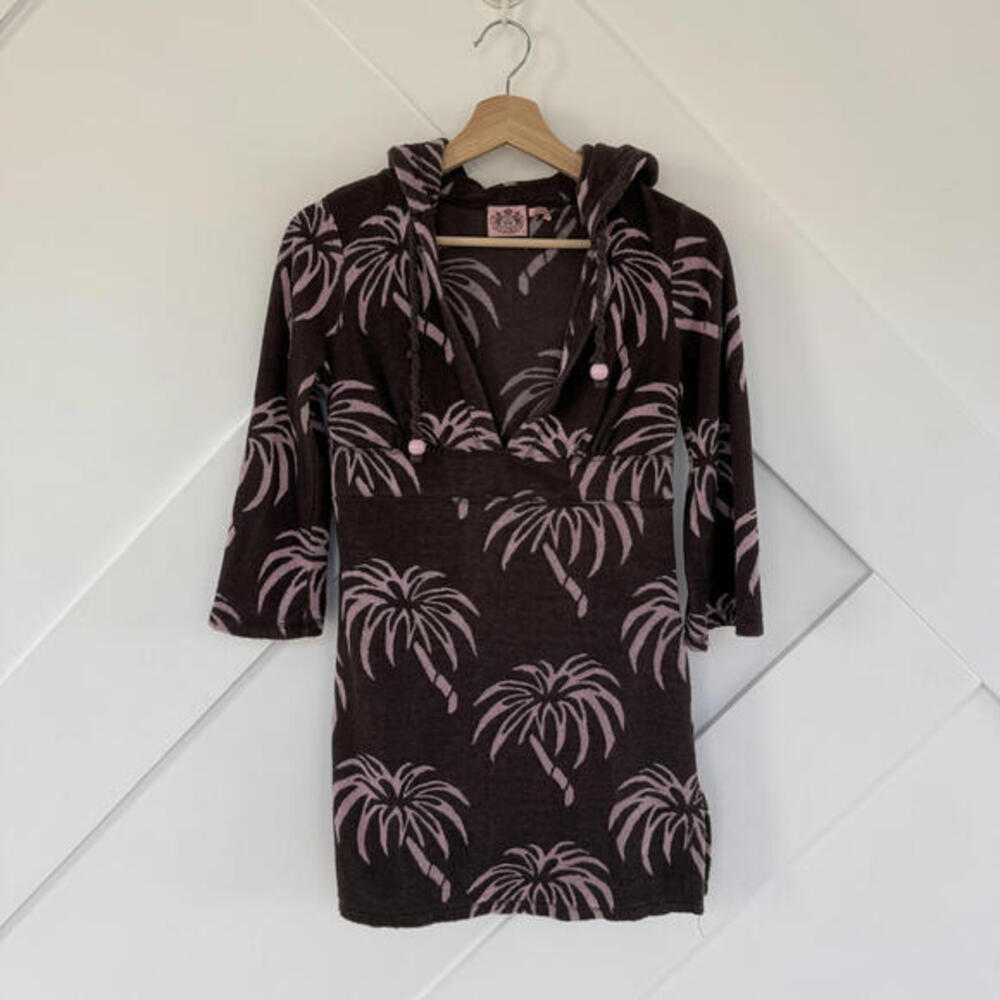 Vintage Y2K Juicy Couture Brown Pink Palm Tree Hooded Towel Dress Coverup XS